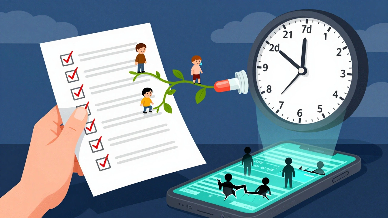 抽象的超現実的なイラスト：薬のチェックリストが蔓になり、症状の小さな人形が育ち、時計が投与期間を示す。