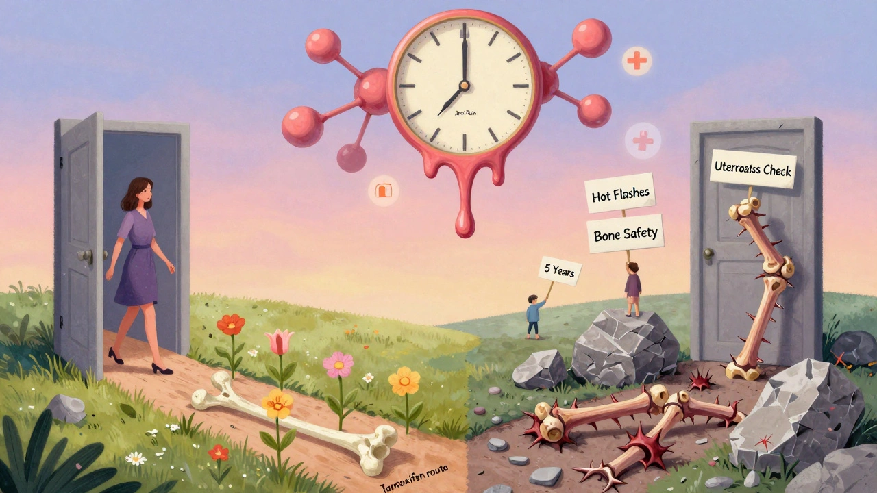 抽象的超現実主義のイラスト：5年間の治療を越える道のりで、骨と花、関節の茨が対比され、エストロゲンの時計が溶けている夢幻的な世界。