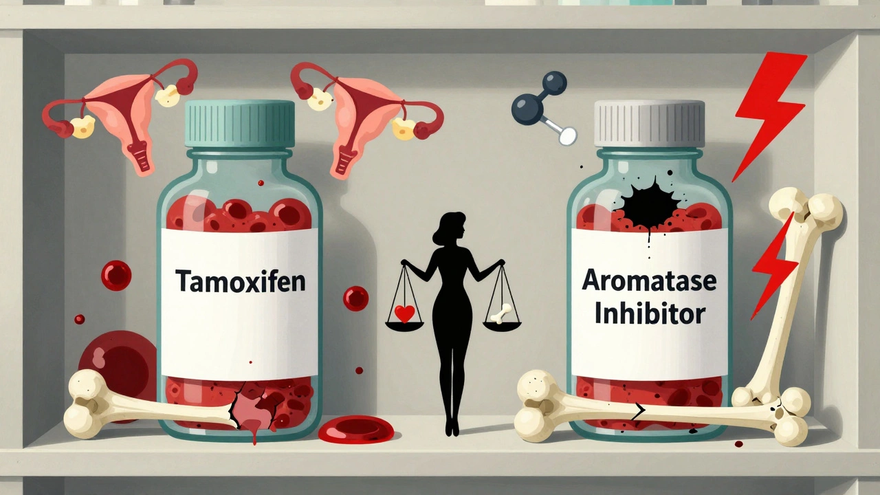 抽象的超現実主義のイラスト：薬のボトルが骨や血栓、関節痛のシンボルと並び、女性がバランスを取る様子が描かれた幻想的な風景。