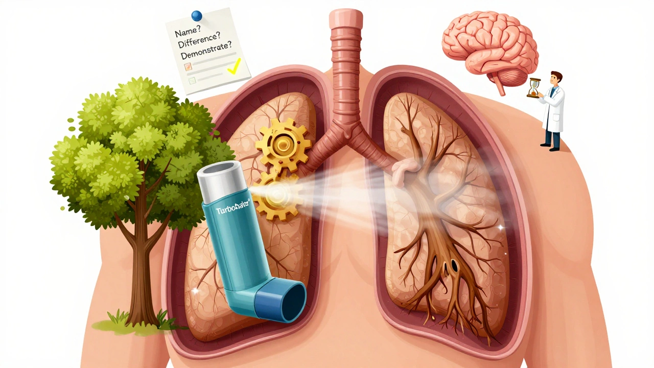 抽象的な超現実主義イラスト：胸の内側で二つの吸入器が肺に薬を届けようとする様子、一方は成功、一方は失敗。