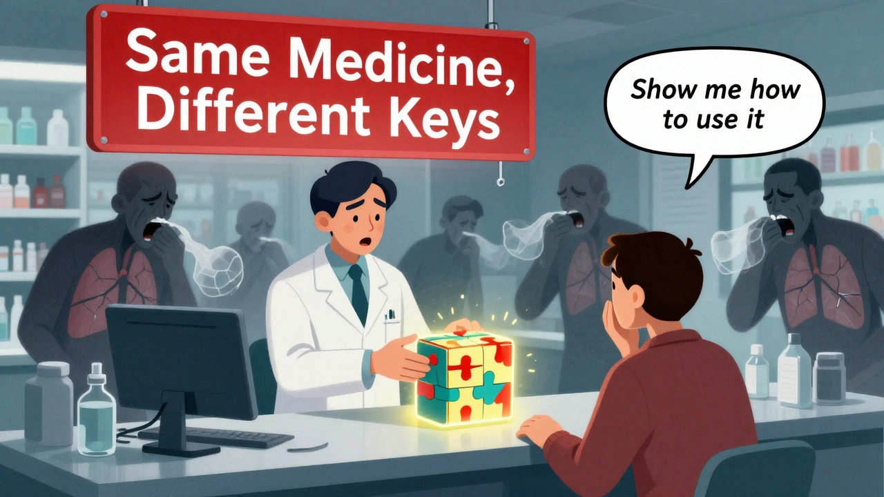 抽象的な超現実主義イラスト：薬剤師がパズルのような吸入器を渡す中、患者の肺が割れたガラスで表現されている情景。