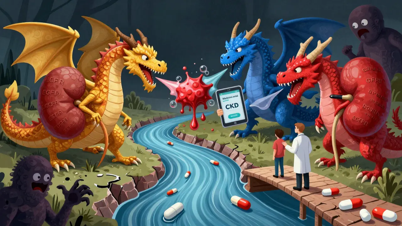 抽象的な超現実主義のイラスト：抗凝固薬のドラゴンが血栓と戦う血液の川。