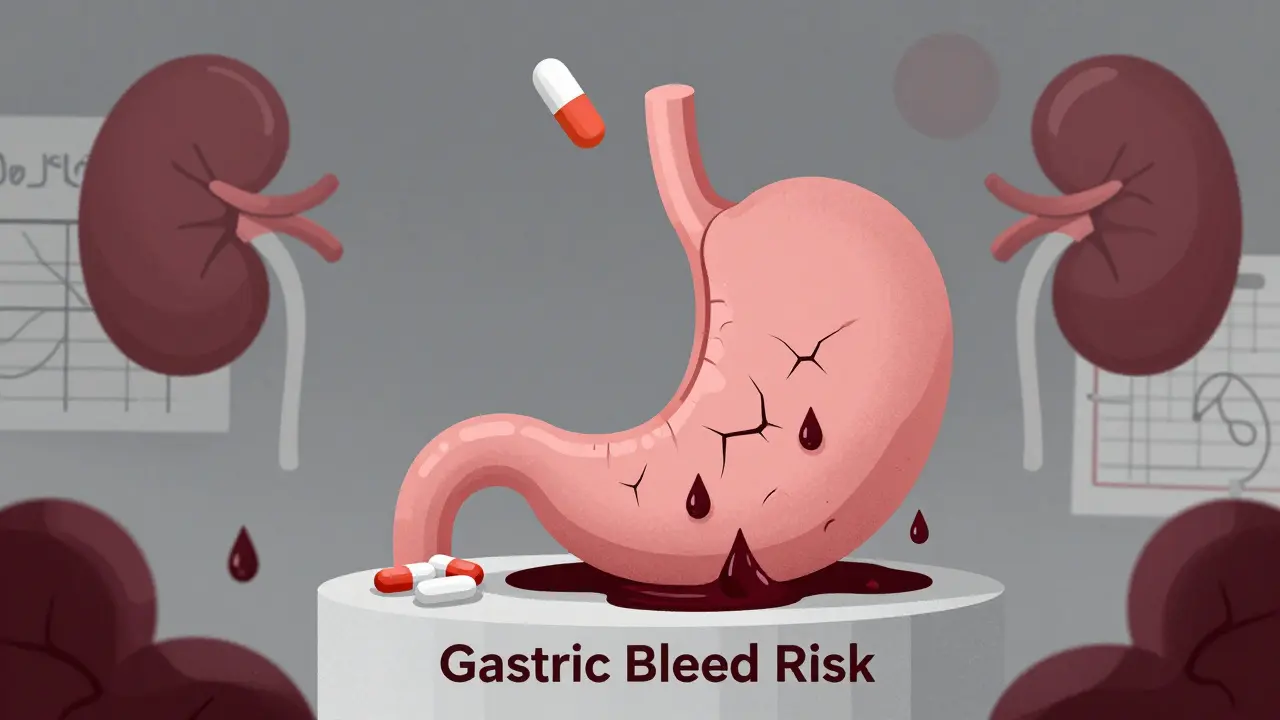 ダビガトランの薬が胃から出血するリスクを象徴する赤いしずくを落としている超現実的な構図。