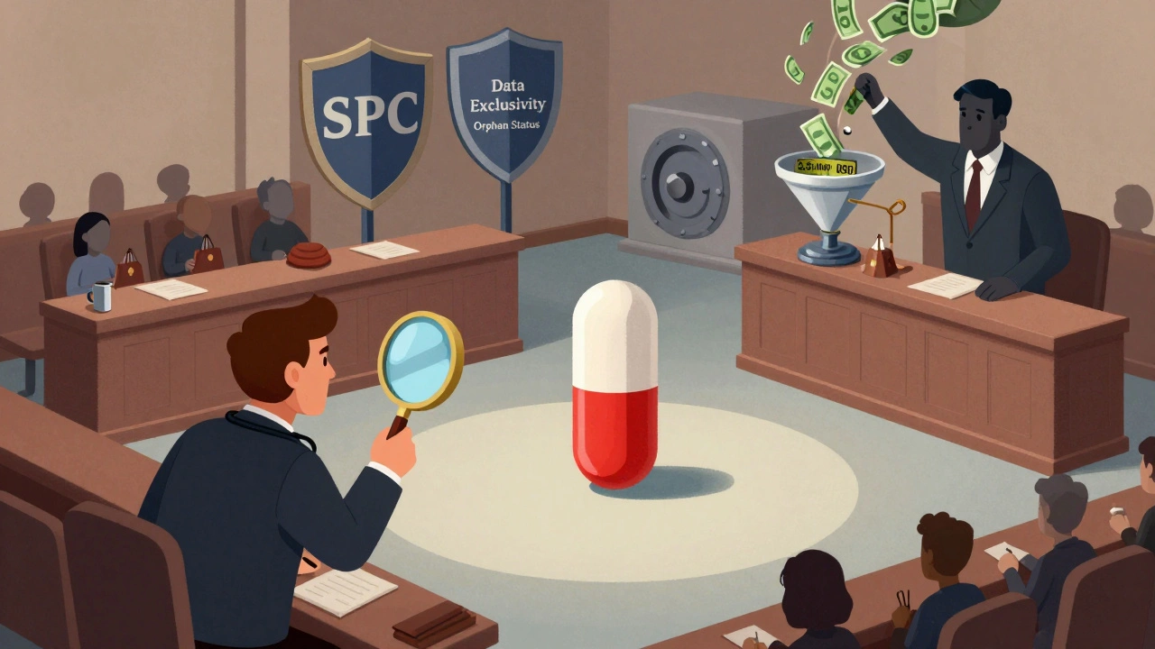 法的保護の盾に囲まれた薬が、巨額の利益を吸い込む金銭の funnel の中心に浮かぶ抽象的構図。