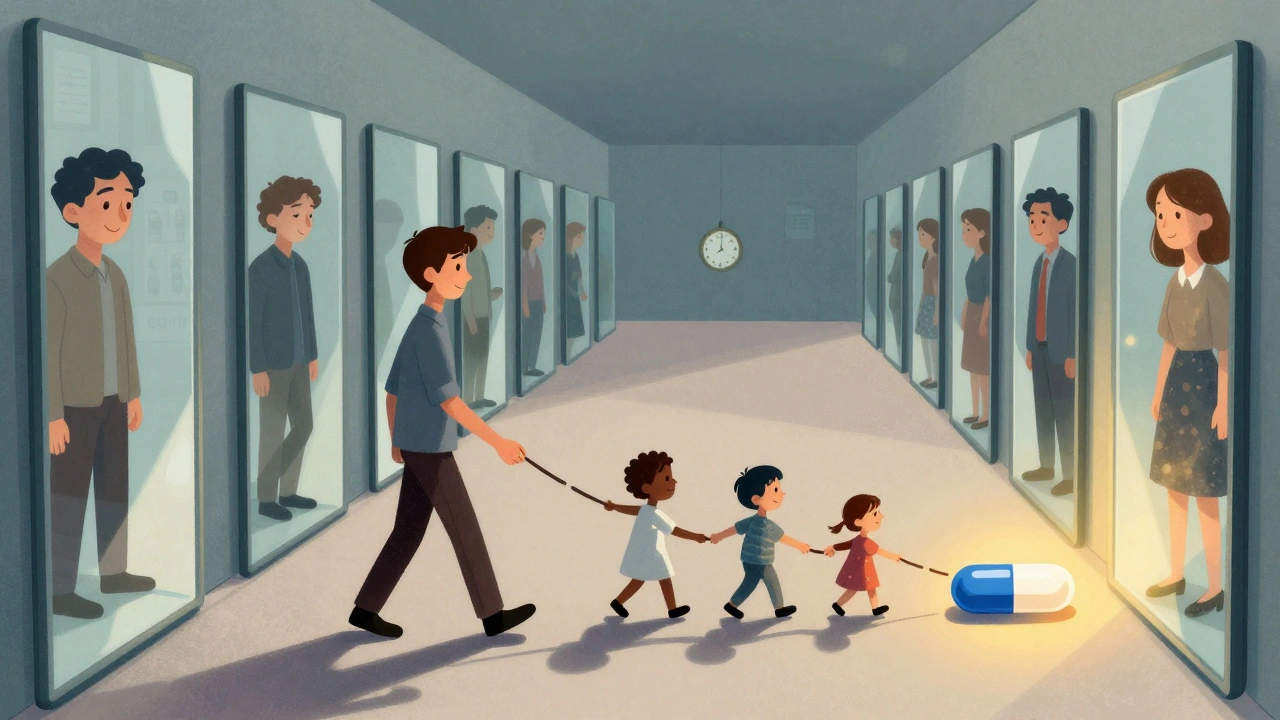 複数の自分を映す鏡の通路を歩く人物の影に、薬剤師や家族、時計が手をつなぎ、最後に昇る太陽のような光る薬が見える。