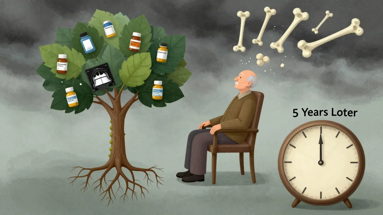 高齢男性の背骨が木になり、薬の根から骨密度検査の葉が生えている。