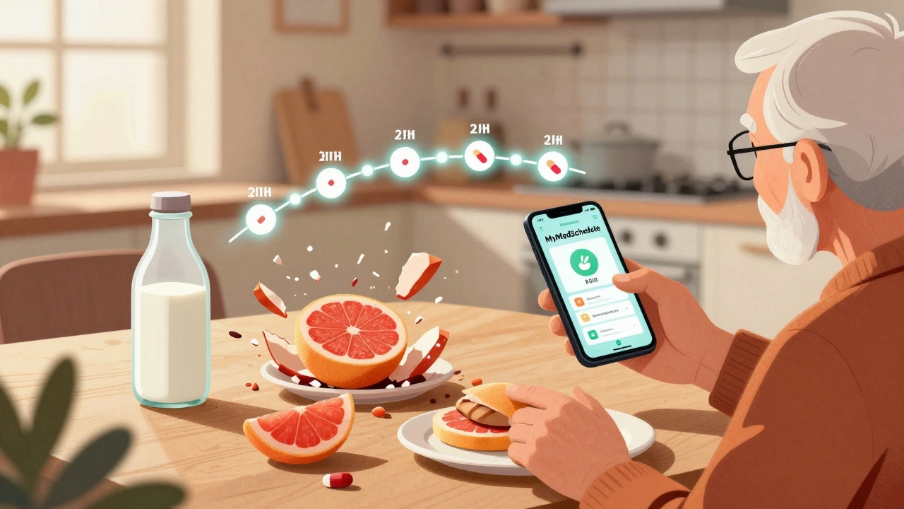 高齢者がアプリで薬の服用タイミングを管理する様子、グレープフルーツと牛乳が破壊される抽象的表現。