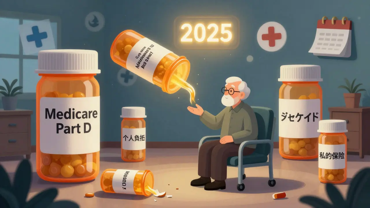 高齢者がメディケアPart Dの光の流れを受け、薬の費用が正しく支払われる様子。