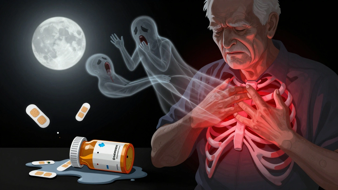 高齢者の手が肋骨の痛みの帯を触り、ghostlyな痛みの糸が上昇し、薬の象徴が星のように輝く。