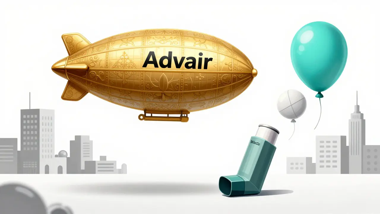 高価な吸入薬と安価なジェネリックの比較を空中に浮かべた抽象的イラスト。