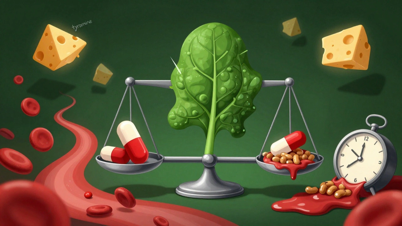 ほうれん草とワルファリンのバランスを描いた surreal な天秤、納豆とチーズが浮かぶ夢幻的な風景。