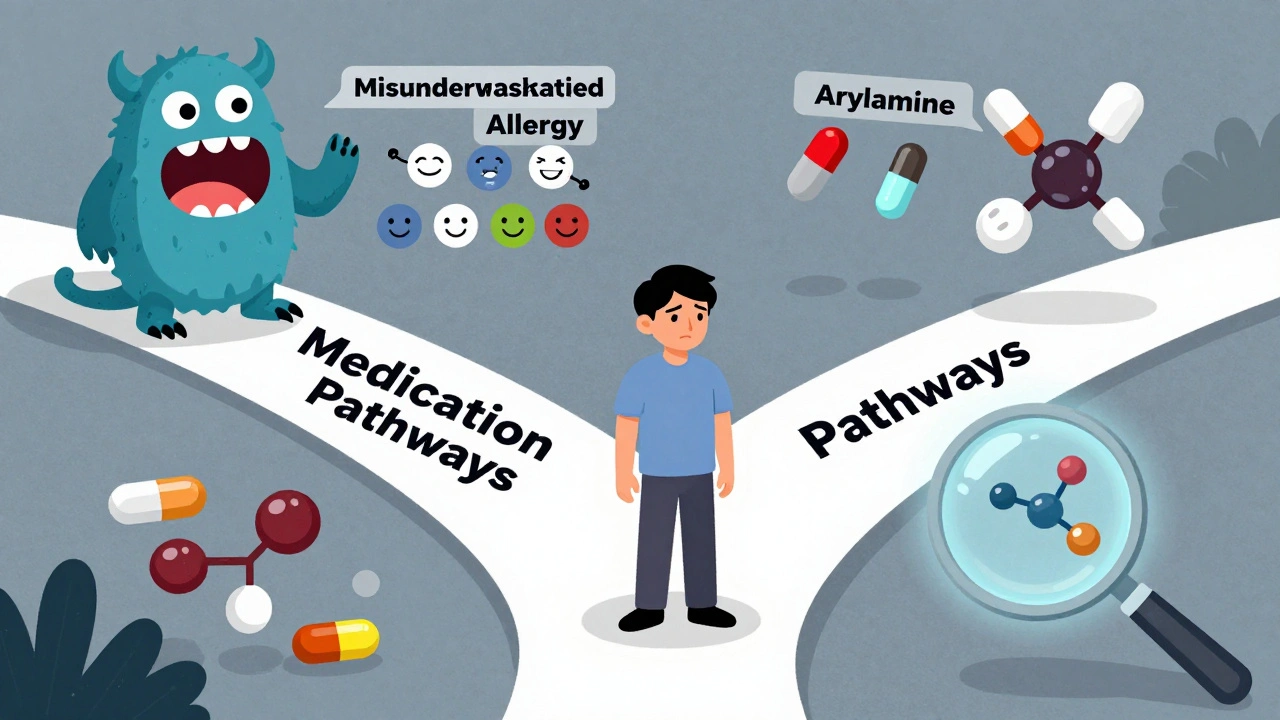 患者が安全な薬と危険な誤解の道に分かれ、分子が浮かぶ幻想的な風景。