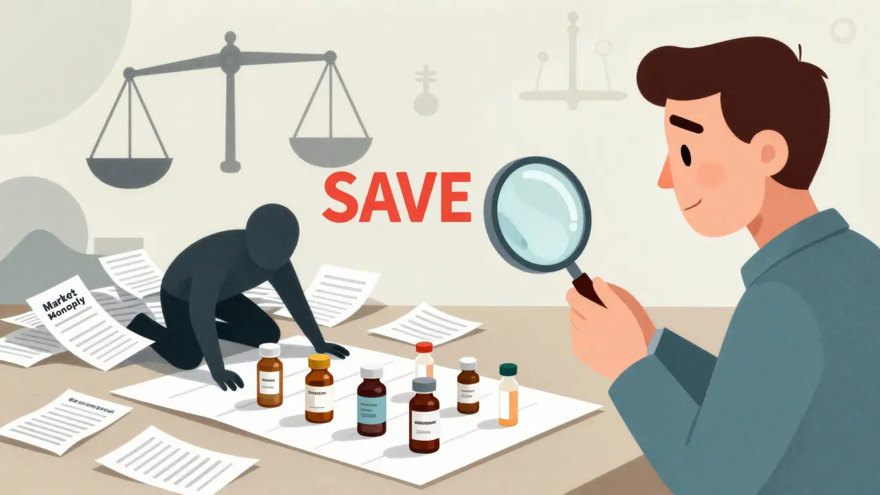 患者が安価な代替薬を発見する様子を描いた超現実的な医療イメージ。