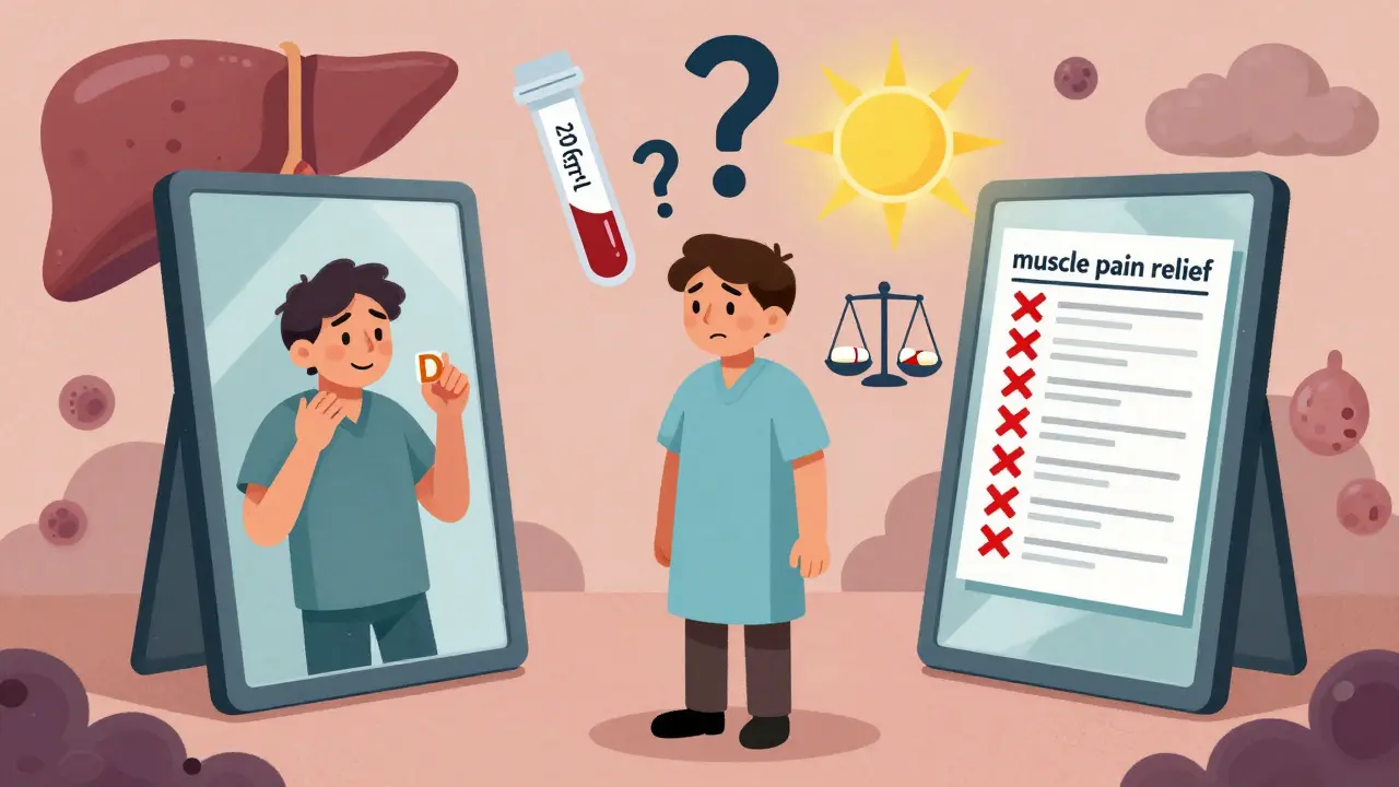 患者が二つの鏡に挟まれ、ビタミンDと医療データが浮かぶシュールな風景