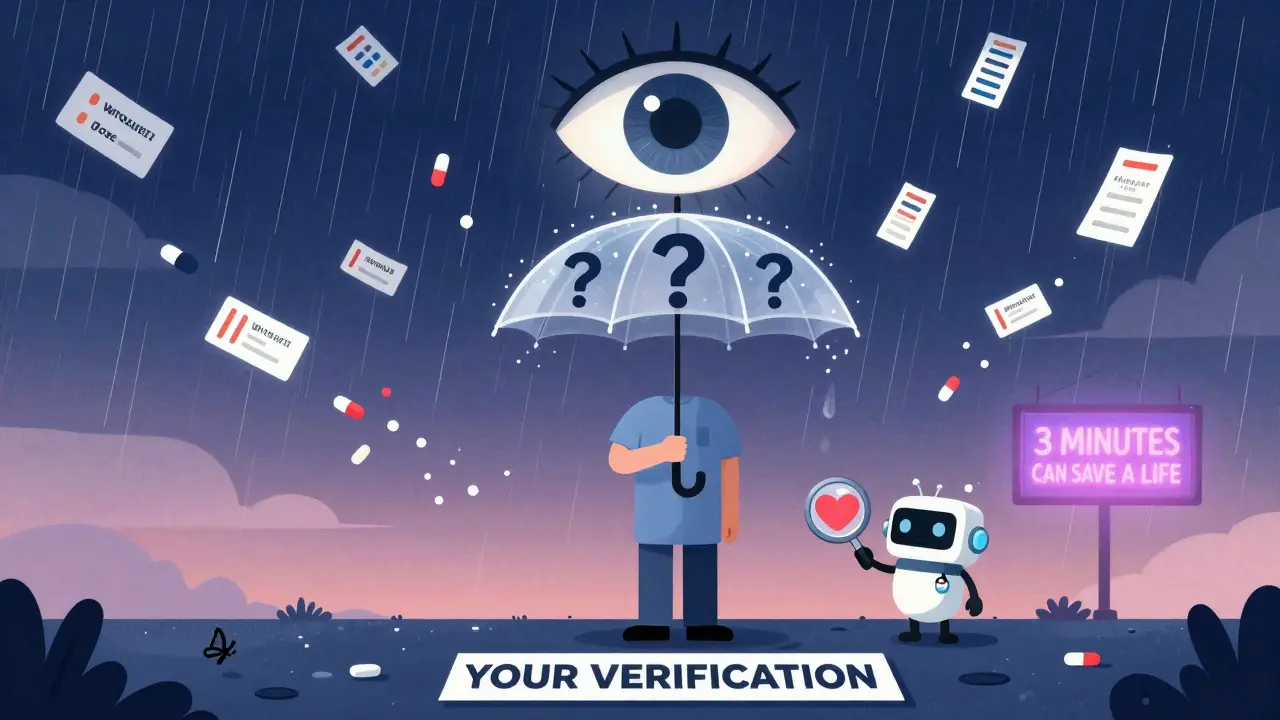 患者が疑問符の傘を差し、誤った薬のラベルが雨のように降る中、心の形の拡大鏡を受け取っている。