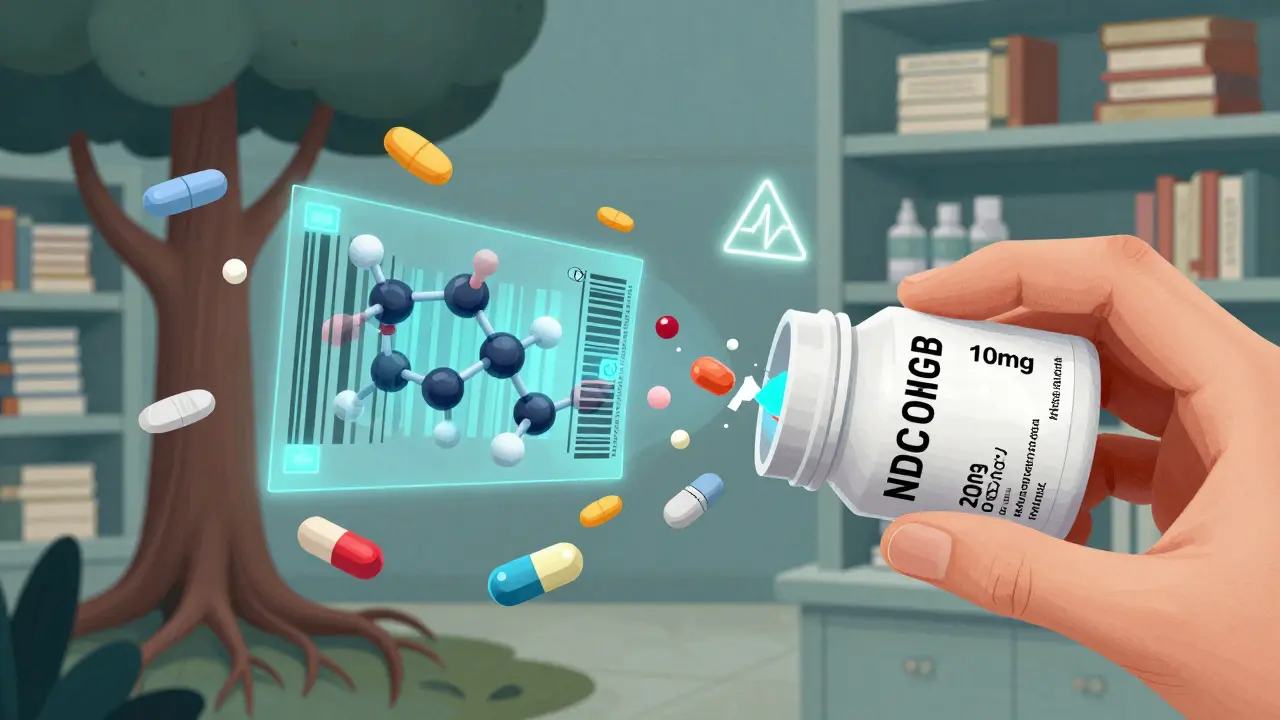 患者の手がNDCコードをなぞり、数字が分子構造のホログラムに変化している様子。