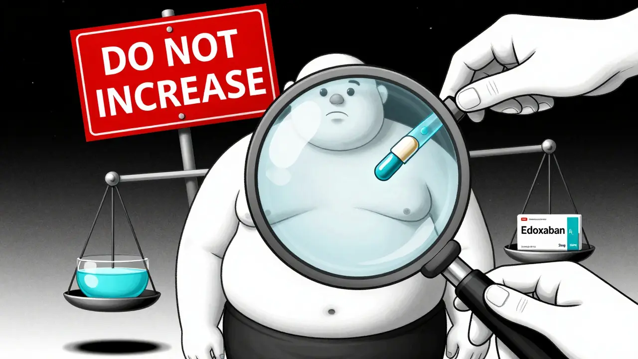 極端な肥満患者のエドキサバン投与量が小さく調整され、増量が禁止されている様子を抽象的ビジュアルで表現。