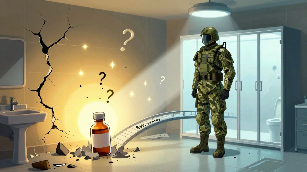 家庭の薬瓶と軍用薬瓶の対比、一方は崩壊し他方は光を放つ