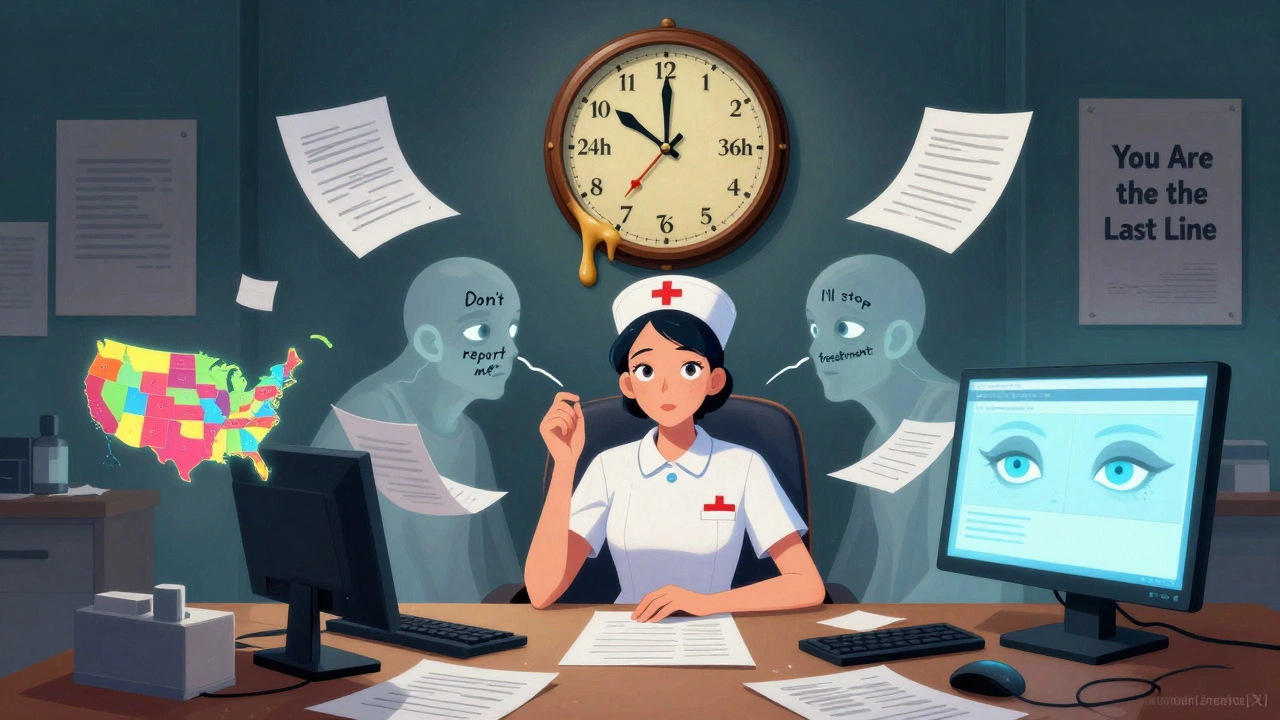 看護師が州ごとの報告期限を示す溶ける時計と、患者の声に囲まれて、AIがカルテを分析する光景。