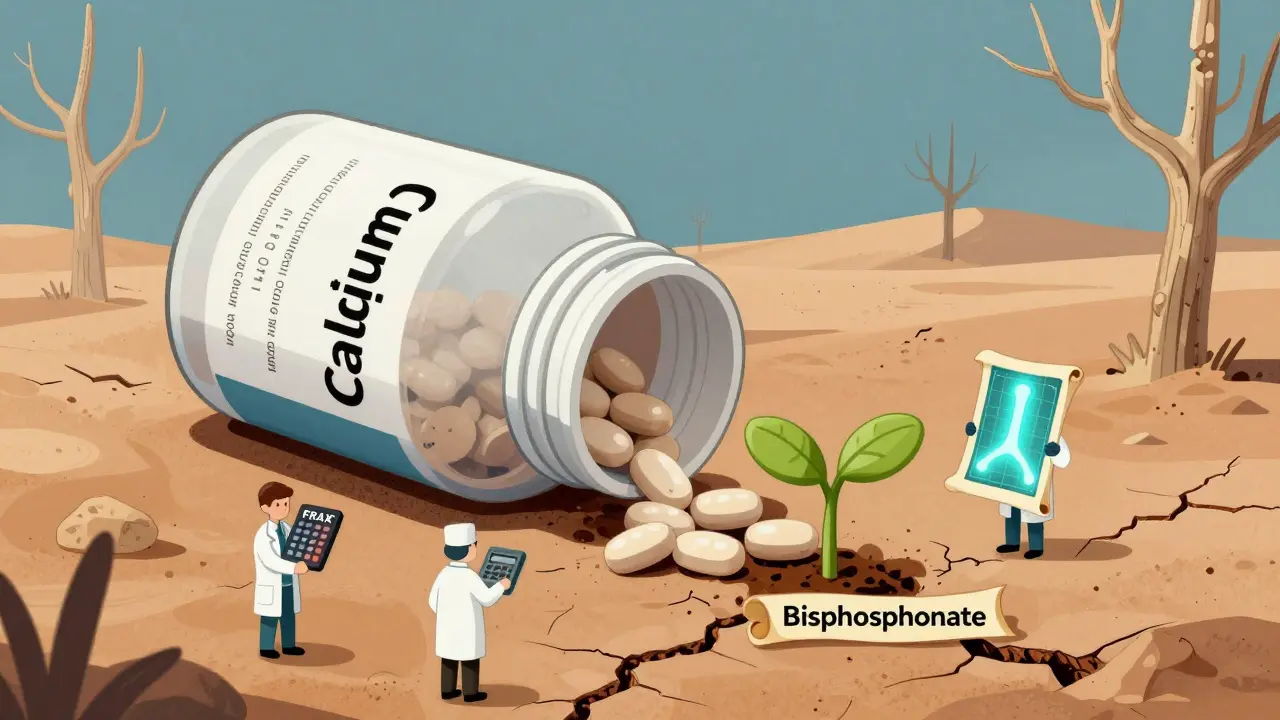 カルシウムサプリが砂漠にこぼれ、唯一の緑の芽が骨形成薬を象徴している。