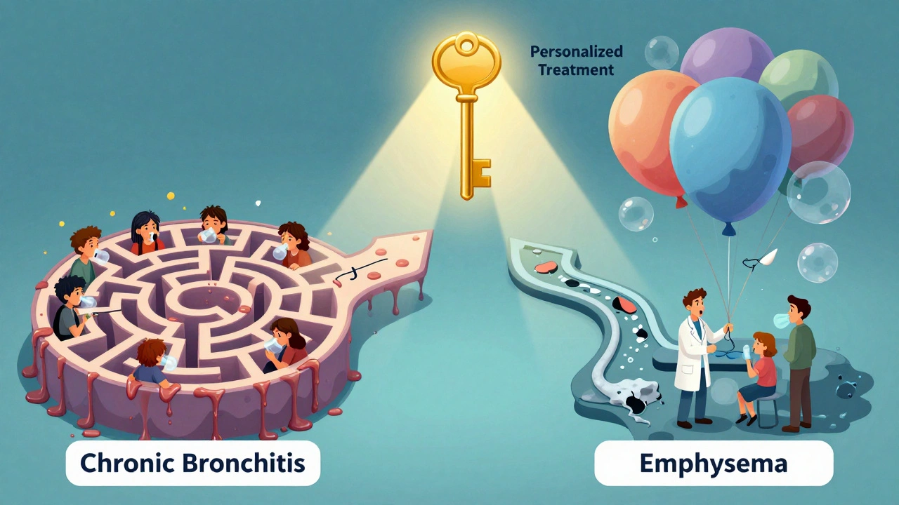 慢性気管支炎と肺気腫の異なる治療道を示す surreal な医療の分岐点。