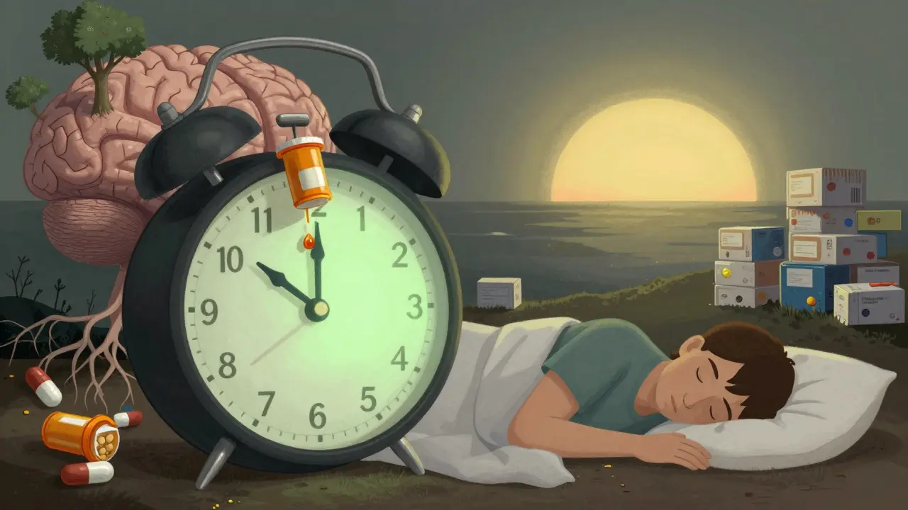 メラトニンの滴が眠りを助け、脳の松果体から木が生える幻想的な風景