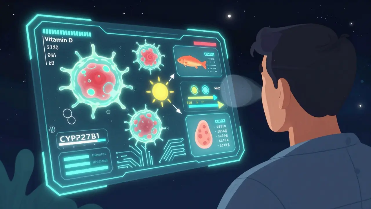 免疫細胞のビタミンD利用状況をリアルタイムで可視化する未来の診断インターフェースのイラスト。