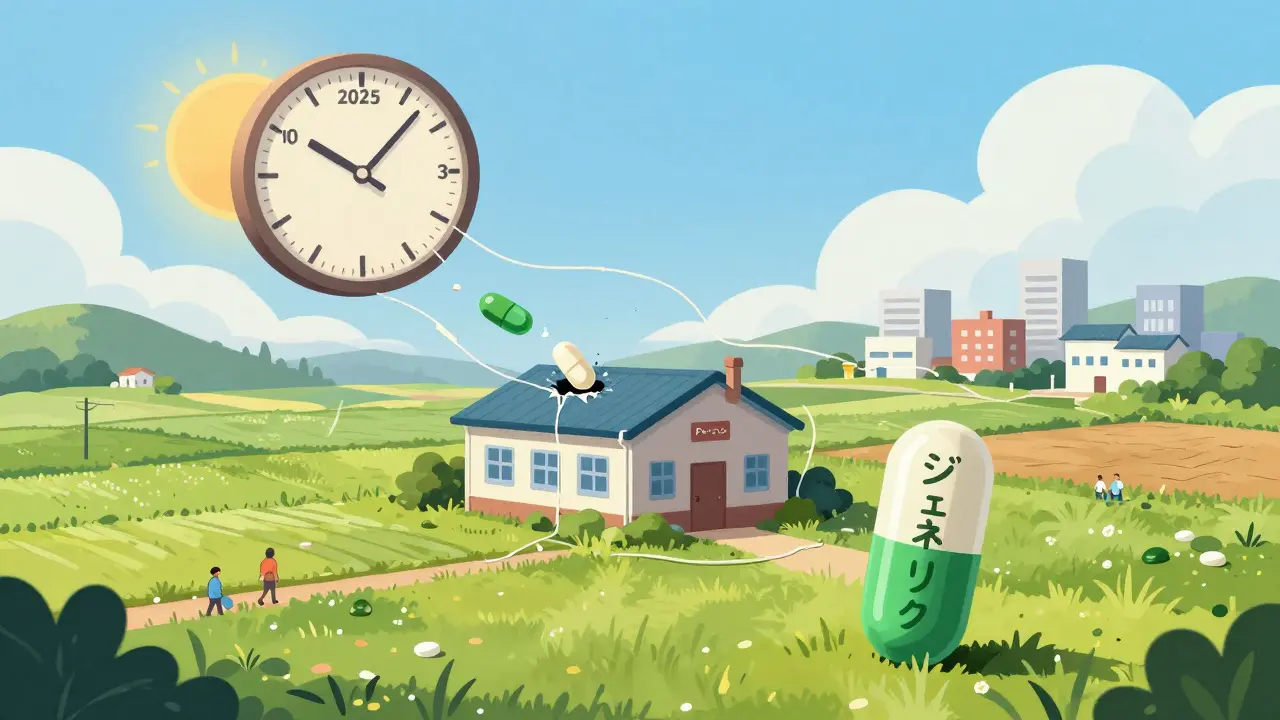 農村の介護施設から薬の供給が断たれ、ジェネリック薬だけが希望として輝く様子。