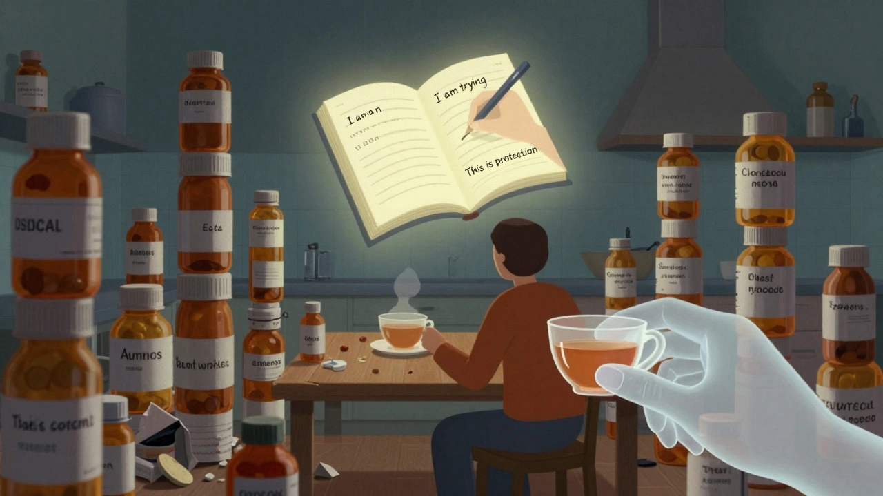 膨大な薬の瓶の山に囲まれた人物の前に、自ら書き続ける浮遊する日記が光り、静かな支えの手が茶碗を置く。