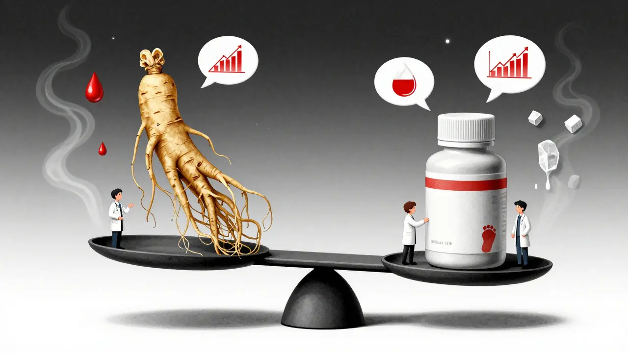 人参と糖尿病薬を天秤にかけた抽象的イメージ。医師の声が浮かび、糖とアルコールが煙になる。