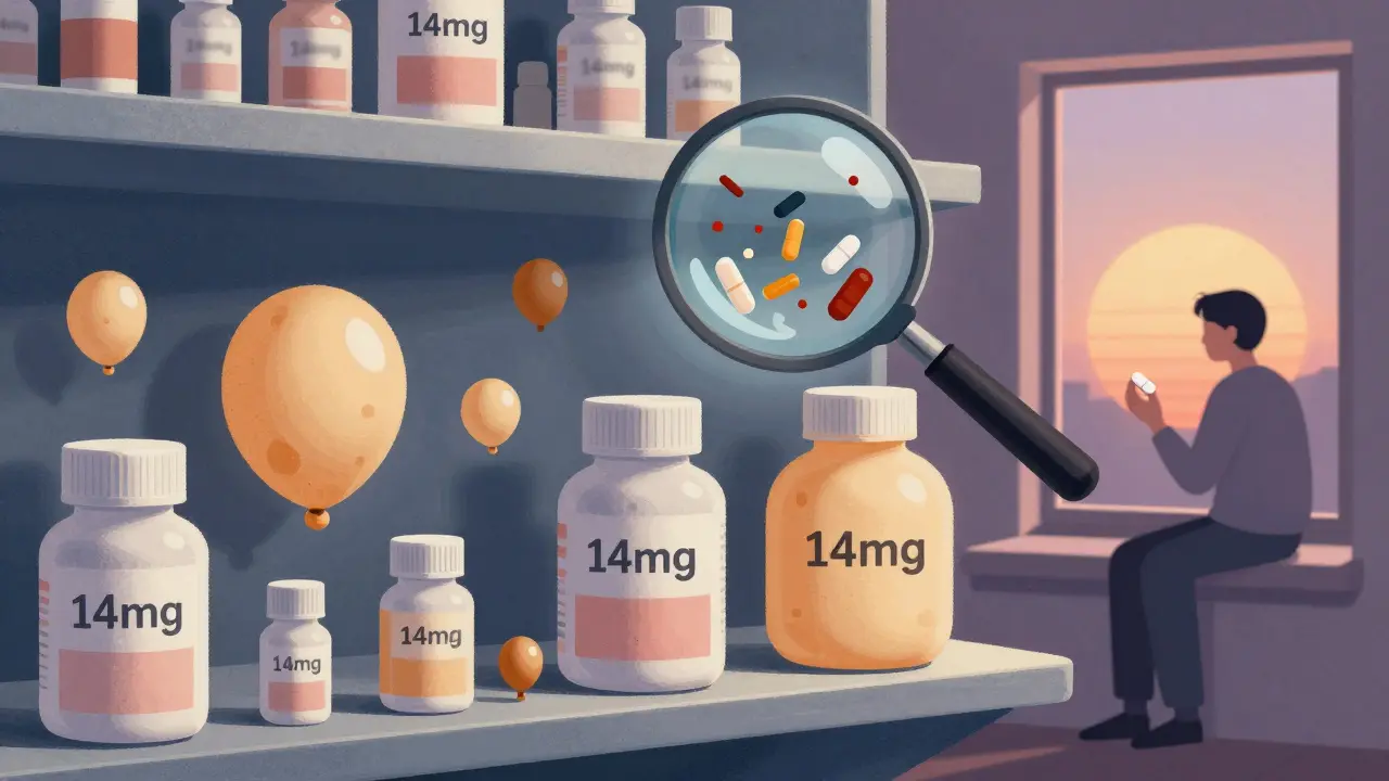 サイズが極端に異なるメラトニンサプリの浮遊するボトルと、夕暮れに小さな錠剤を飲む人物のイラスト。