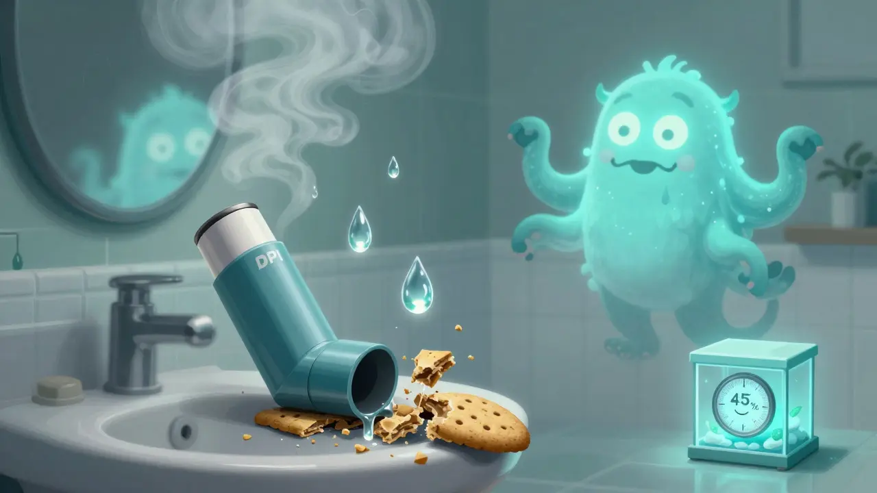 湿気の多い浴室で乾燥粉末吸入器が崩れている様子。