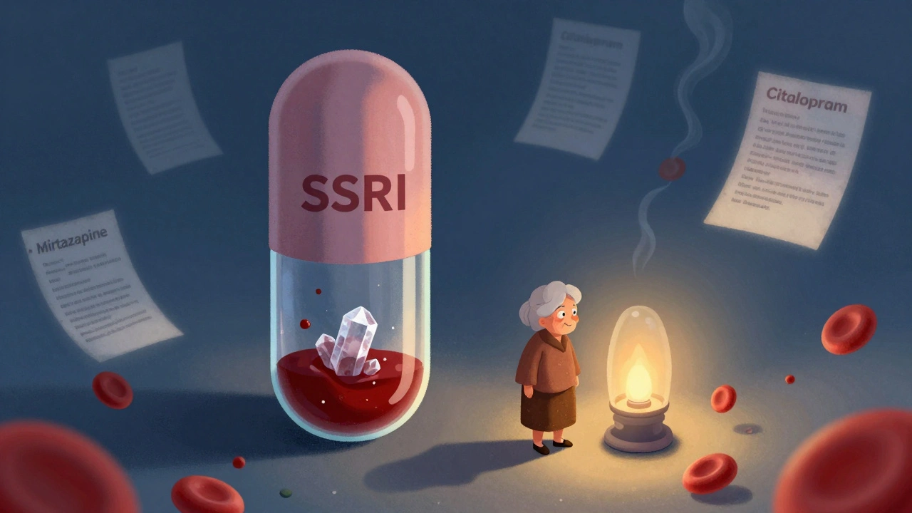 シタロプラムの巨大な錠剤が高齢者の体を薄めた血液に変え、ミルタザピンの明るい光が安全を象徴する。