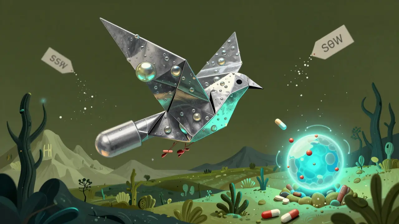 スマート脂質カプセルが体内で薬を放出する未来のイメージ。