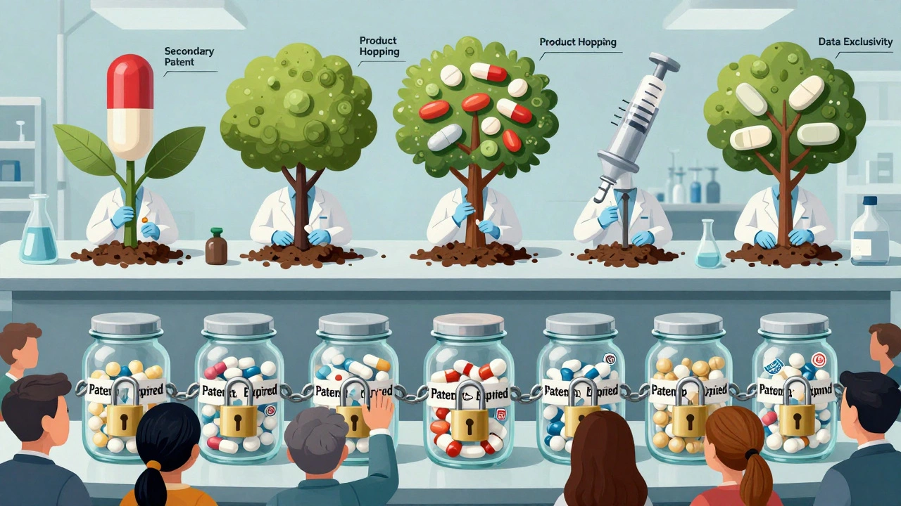 特許切れのジェネリック薬がガラスの瓶に閉じ込められ、企業のロゴが鎖で縛られた surreal な情景。