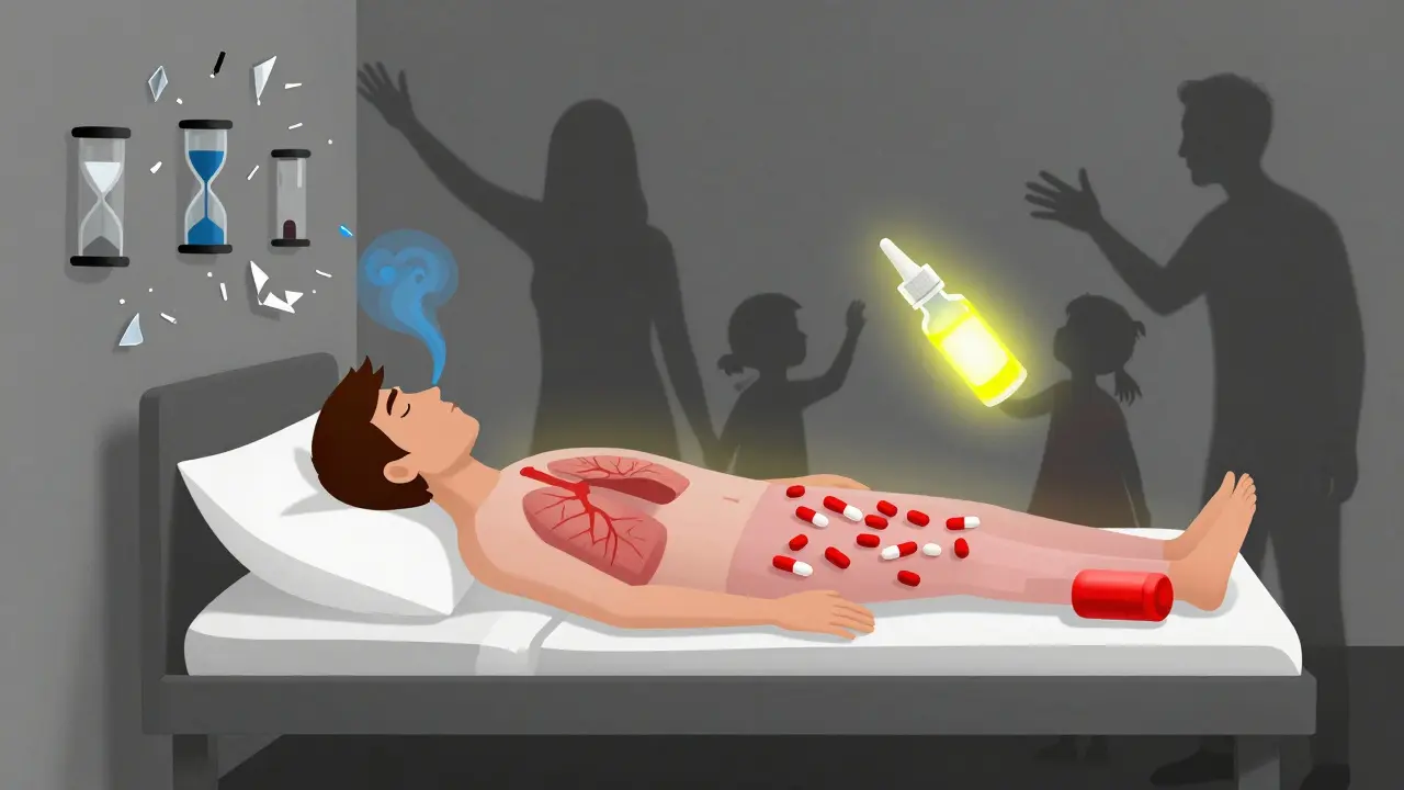 透明な身体の人物にナロキソンが浮かび、家族が薬瓶の壁から手を伸ばす。