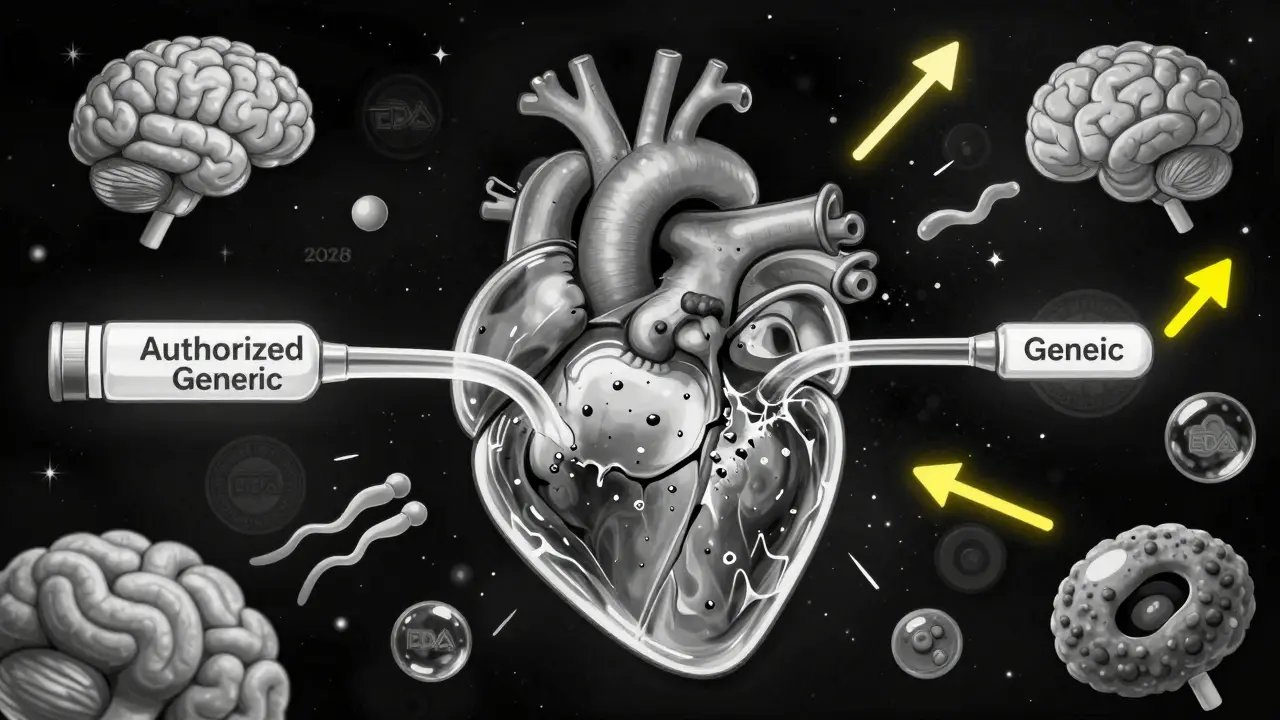 透明な心臓に流れる二つの薬液の流れ、安定した流れと乱れた流れが対比される