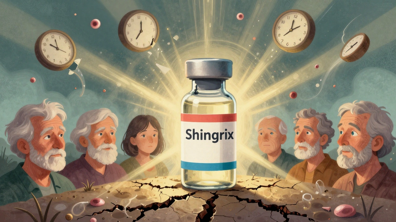 ワクチンの薬瓶から光が広がり、老化した顔が若返り、水疱と時計が粉々に崩れる様子。