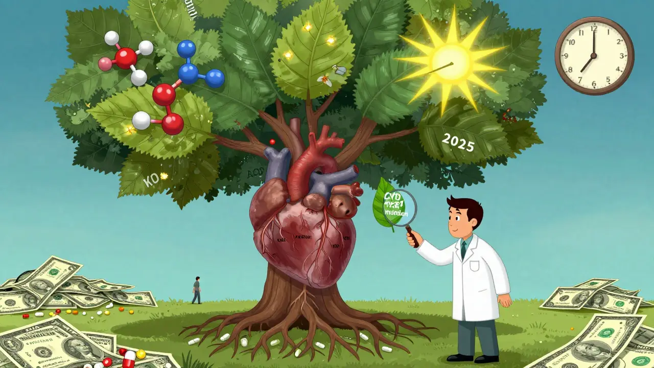心臓から生える樹木がスタチンとビタミンDを葉として持ち、遺伝子の拡大鏡と時計が描かれた抽象イラスト