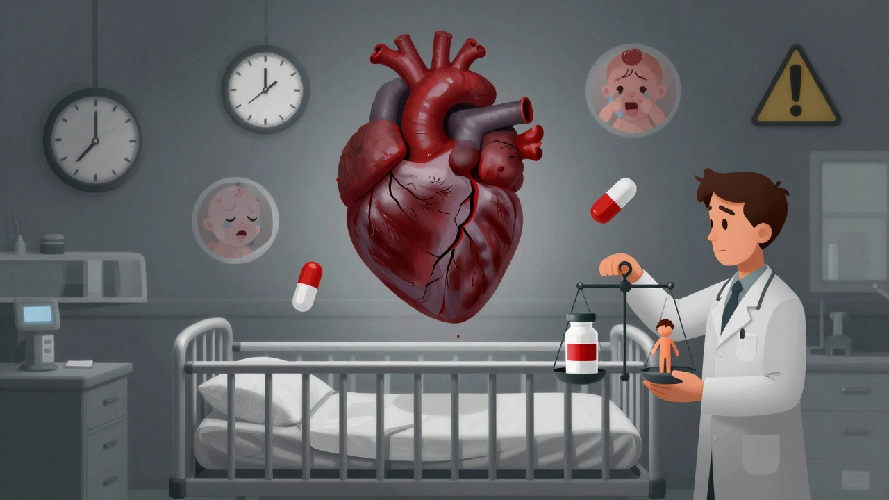 心臓の奇形を象徴する巨大な心臓と薬のバランスを描いた超現実的シーン