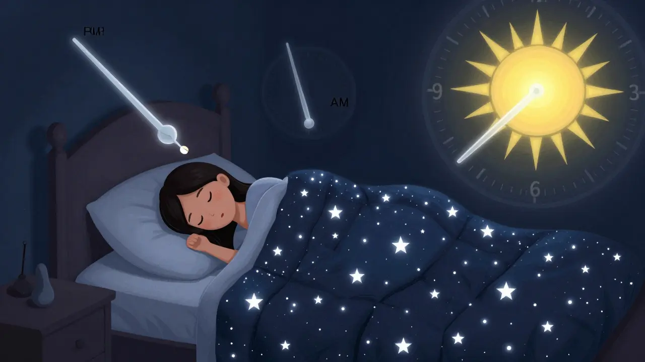星の布団に包まれた人物と、時計の針が時計のリズムを示す不思議な寝室の風景。