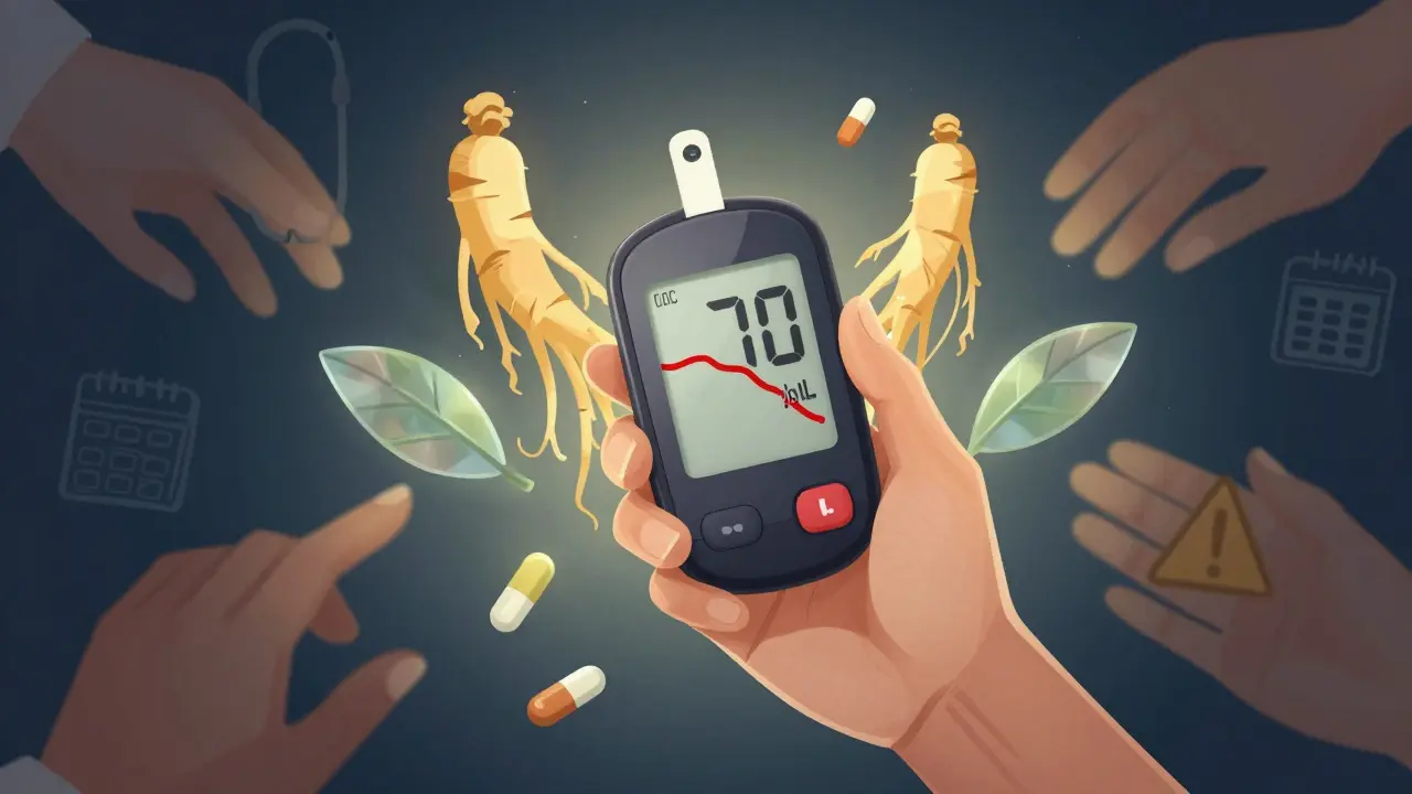 血糖値モニターが危険な低値を示し、人参の葉と薬が浮かぶ surreal なシーン。