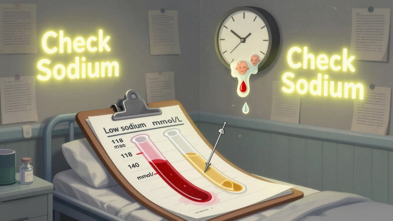 血液検査の結果が二つの流れに分かれ、ナトリウム値の危険と正常を視覚化した surreal 医療情景。