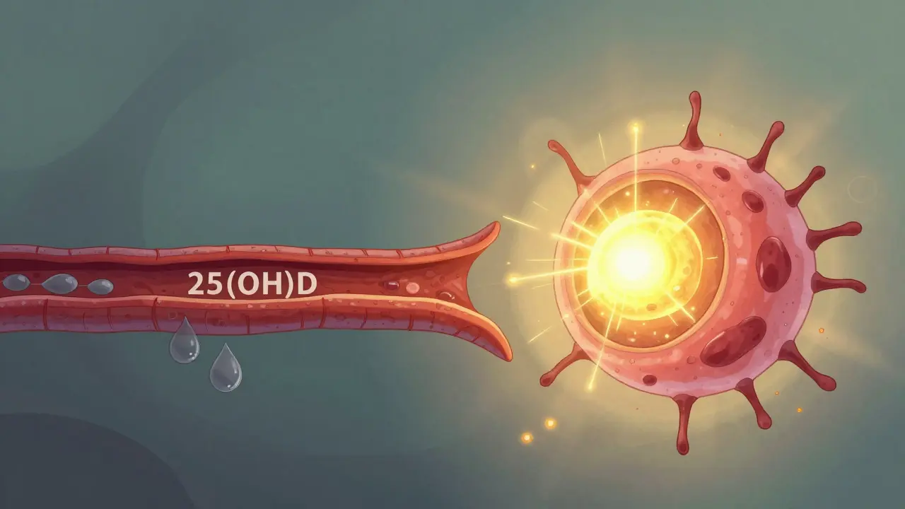 血液中のビタミンD濃度と組織内活性の対比を描いた幻想的な二重世界のイラスト。