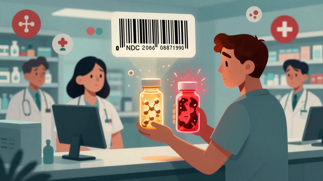 薬局で二つの薬瓶を手にした患者、一方は安心の光、他方は副作用の赤い火花を放つ