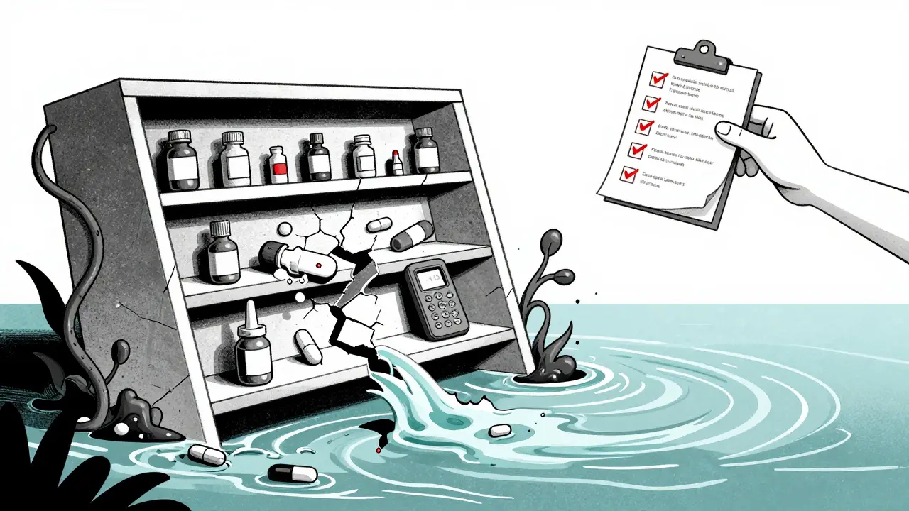 薬の棚が崩れ、ナロキソンと119番の電話だけが生き残る超現実的風景。