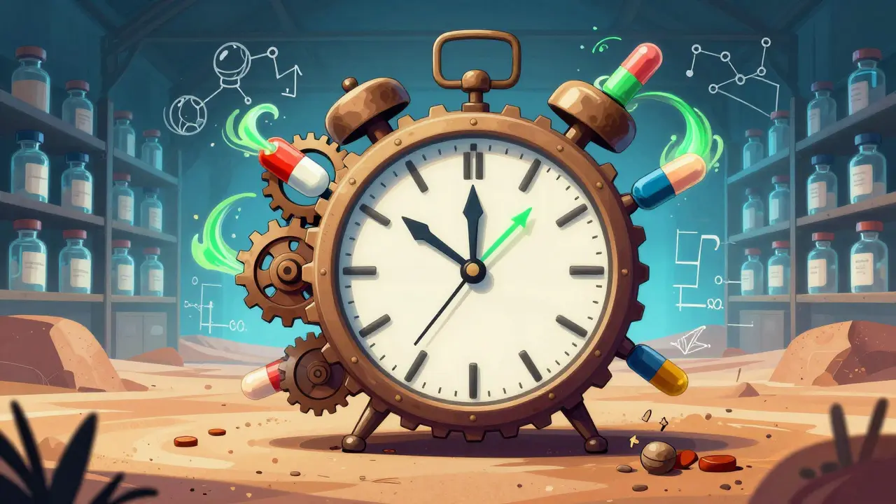 薬のカプセルでできた時計が逆回転し、科学的データが流れている