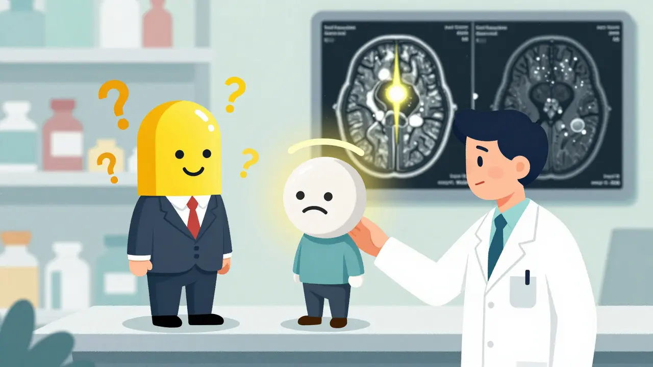 薬のピルが人間のように描かれ、ブランド薬は自信満々、ジェネリックは不安そう。薬剤師が安心の手を差し伸べる様子。