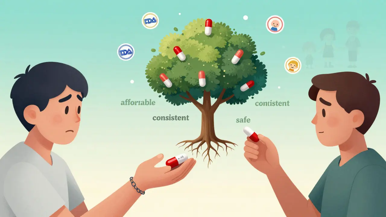 薬を取る手の二つの道：一方は負担と鎖、もう一方は安心と成長する薬の森