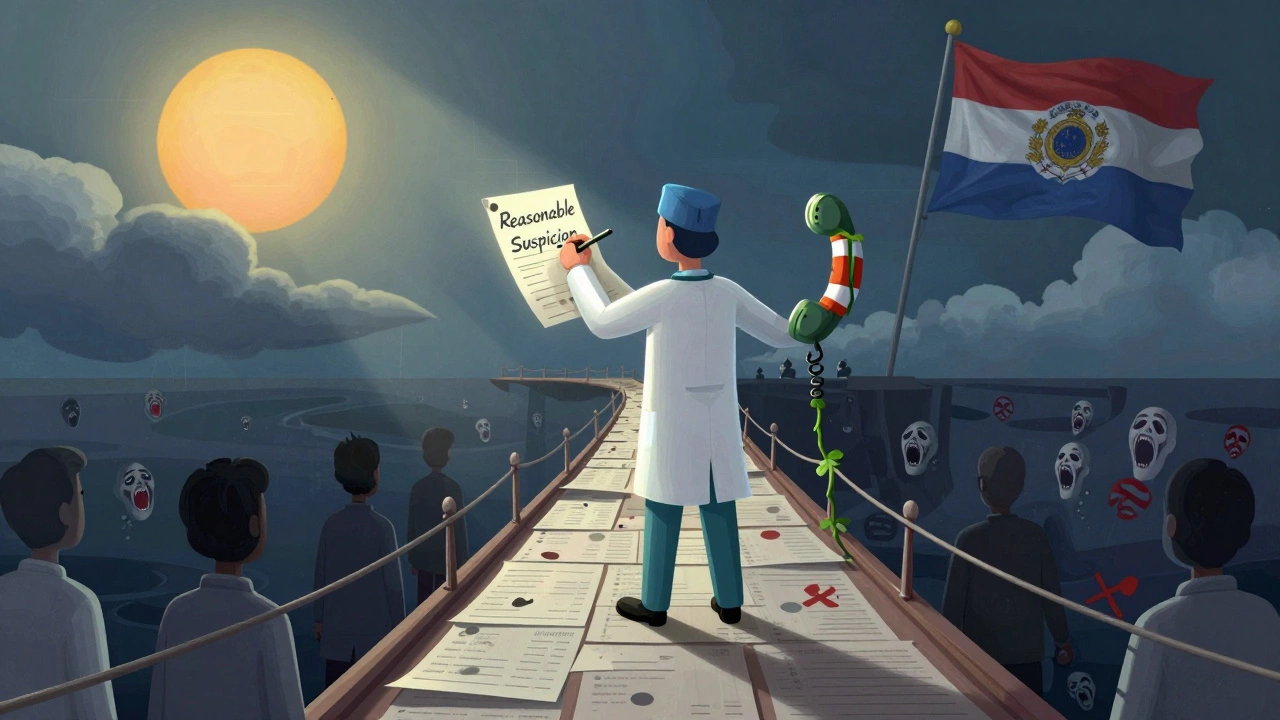 医療従事者が患者の記録でできた橋を渡り、ホットラインの電話へ手を伸ばしながら、周囲の無関心な影を越えて進む姿。